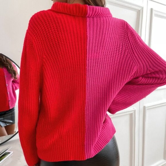 BUTTON FRONT COLORBLOCK CARDIGAN - PINK RED - Picture 6 of 7